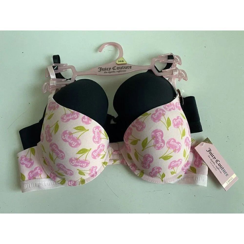 2 Pack Juicy Couture Sleek & Smooth Bra JC5147 Lined Sz 36B Cherries Pink NEW